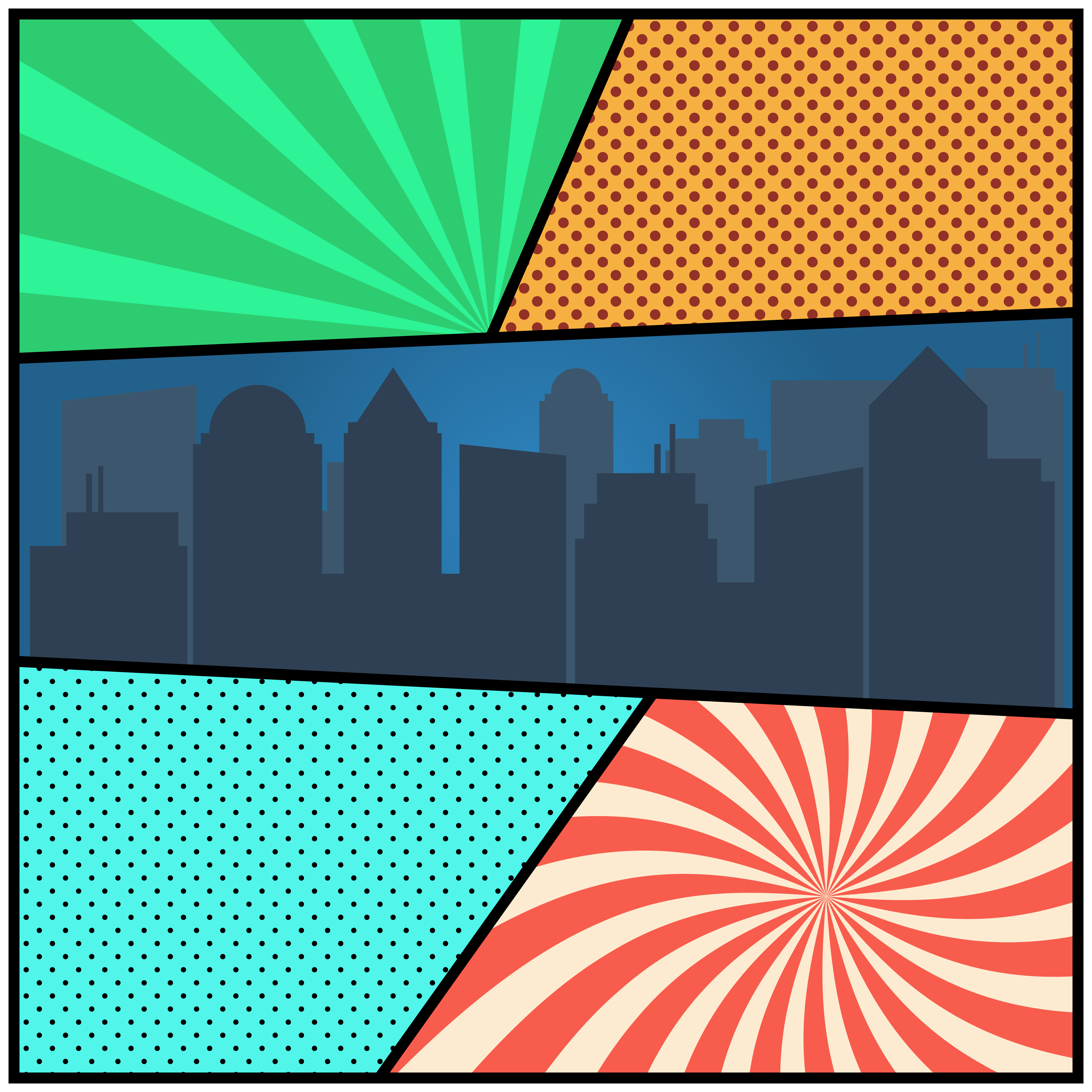 Pop art comic page template with radial backgrounds and city silhouette
