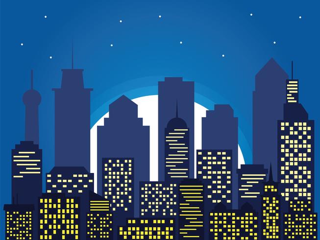 Night silhouette of the city and full moon with stars, cartoon style vector