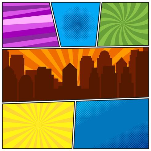 Comic book page template with different radial backgrounds and city silhouette vector