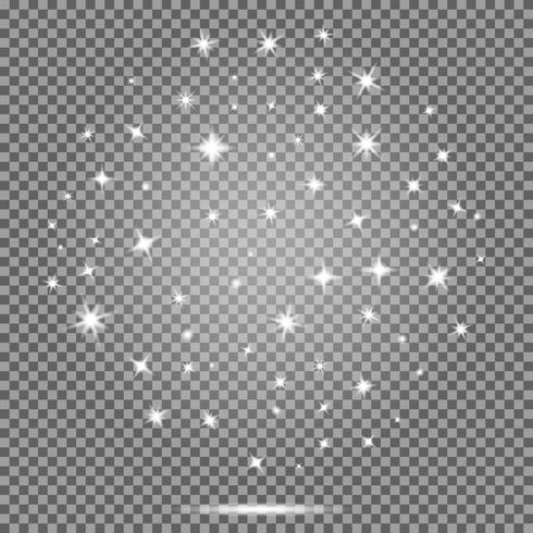 Vector conjunto de estrellas, efecto de destellos blancos sobre fondo transparente