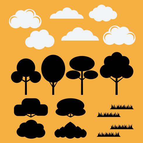 Vector set of silhouettes flat trees, bushes,grass and clouds
