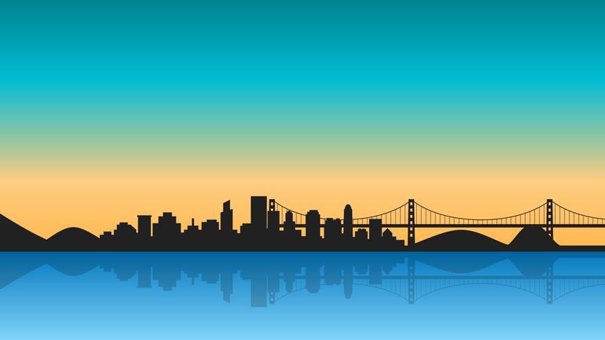 Silhouette of City with reflection on sunrise vector