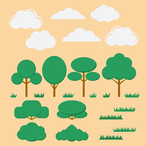 Conjunto de vectores de árboles planos, arbustos, hierba y nubes