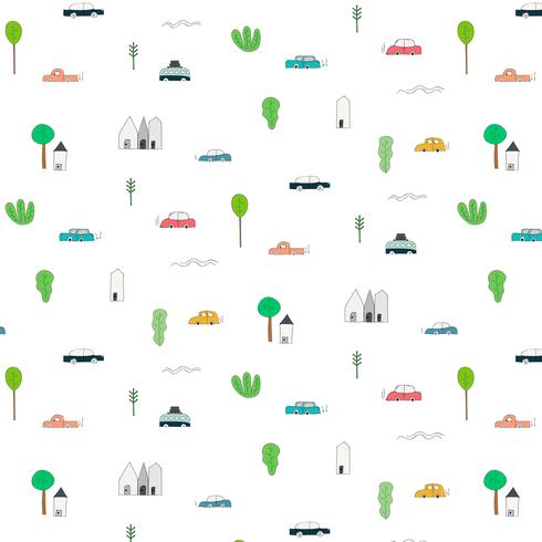 Pattern With Abstract Home Car And Tree Design Elements. Handmade Vector Illustration Background.
