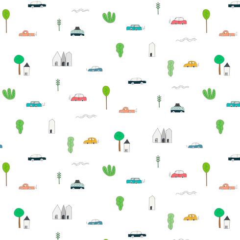 Pattern With Abstract Home Car And Tree Design Elements. Handmade Vector Illustration Background.