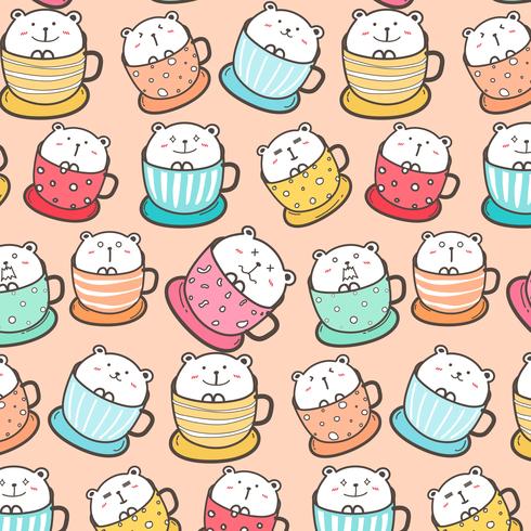 Cute Bear In The Cup Pattern Background. Vector Illustration.