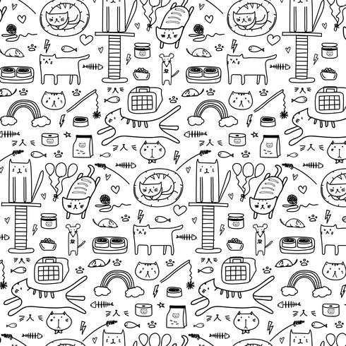 Pattern With Line Hand Drawn Doodle Lovely Cat Background. Doodle Funny. Handmade Vector Illustration.