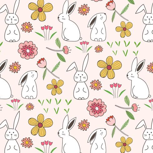 Rabbit And Flower Pattern Background. Vector Illustration.