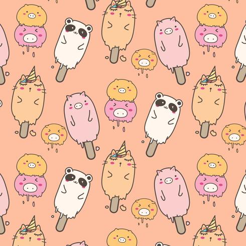 Cute Animal Ice Cream Pattern Background. Hand Drawn Vector Illustration.