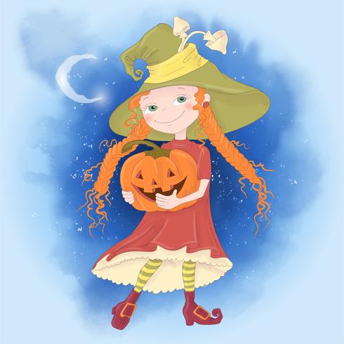 Cute cartoon illustration with girl witch. Postcard poster print for the holiday Halloween. vector