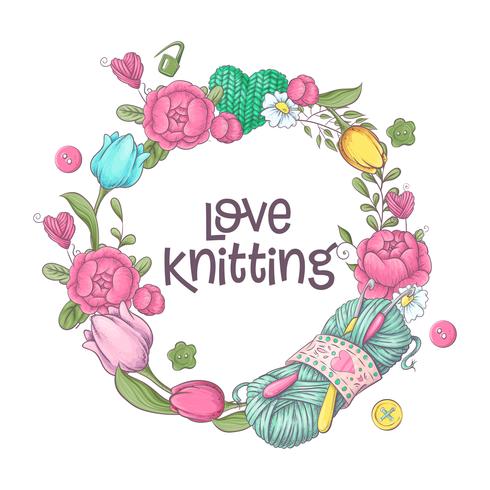 Set for handmade logo template, elements and accessories for crocheting and knitting. vector