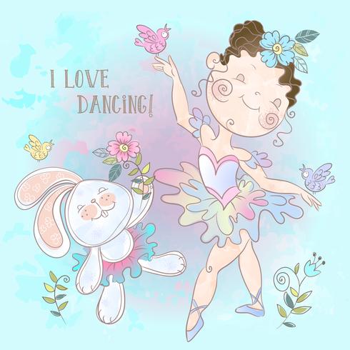 Little ballerina dancing with a Bunny. Vector