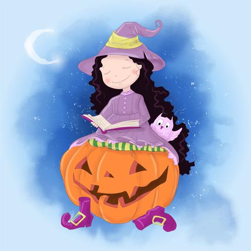 Cute cartoon illustration with girl witch. Postcard poster print for the holiday Halloween. vector