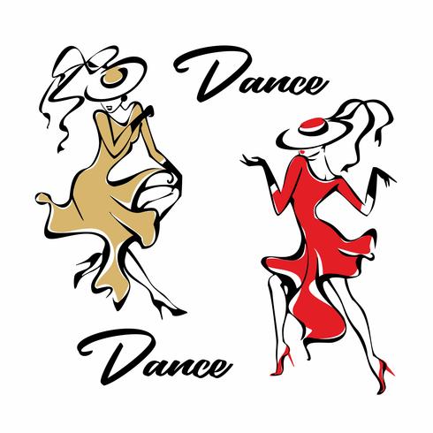 Girl in a red dress dancing . The girl in the hat. Dancing. Fun. Vector