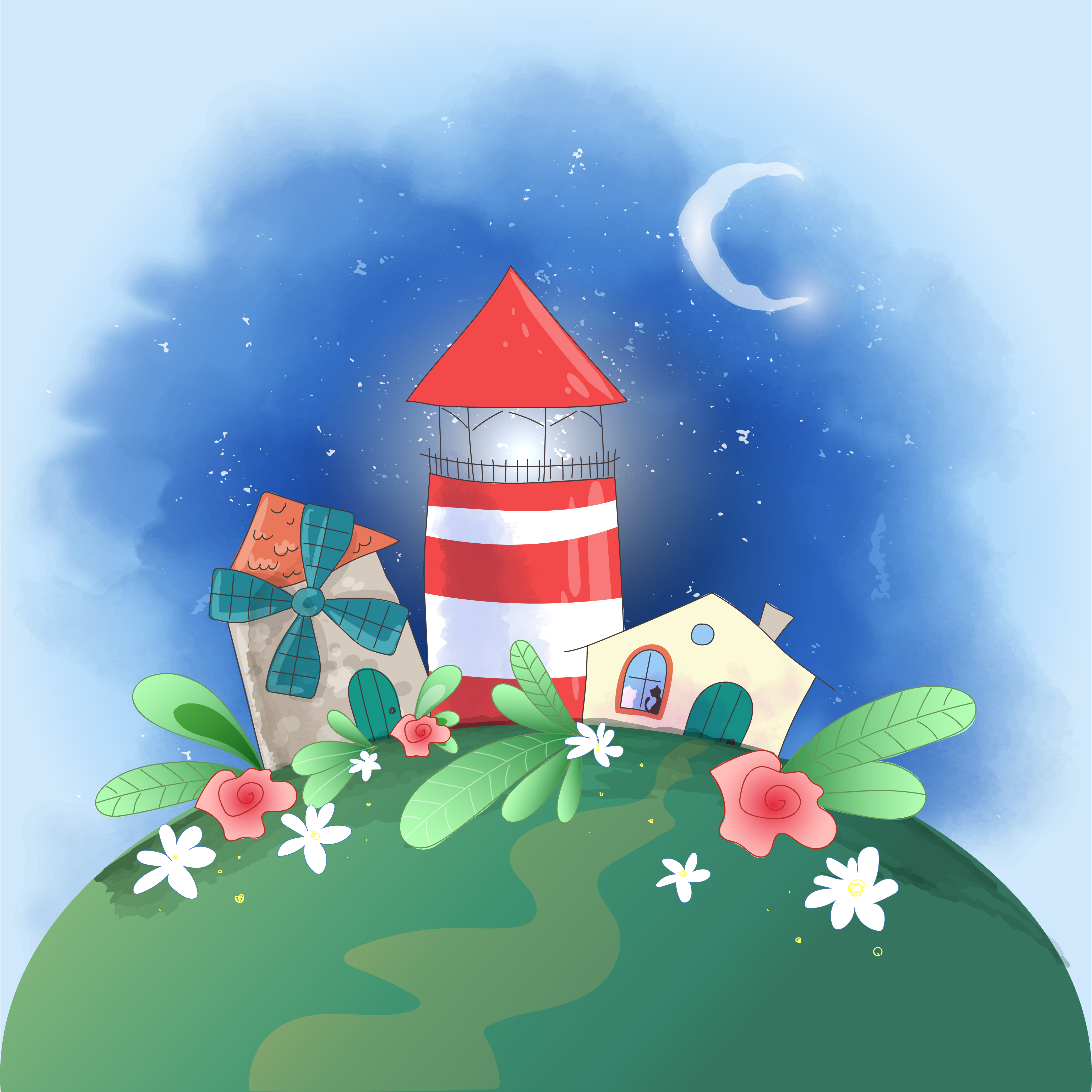 Cute cartoon small town lighthouse, mill and house with flowers, postcard print poster for the children s room. 628064 Vector Art at Vecteezy Cute cartoon small town lighthouse, mill and house with flowers, postcard print poster for the children s room. 628064 Vector Art at Vecteezy
