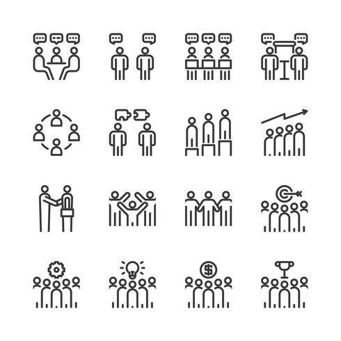 Conjunto de iconos de trabajo en equipo de negocios. Ilustración de vector