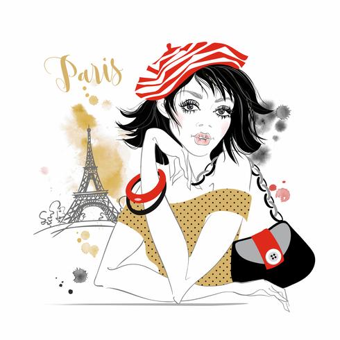 Hermosa chica en paris. Modelo de belleza Torre Eiffel. Gráficos. Acuarela. Vector. vector