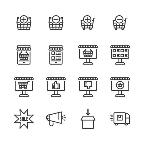 Conjunto de iconos de compras en línea. Ilustración de vector
