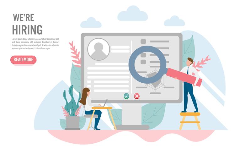 Concepto de contratación y contratación con carácter. Diseño plano creativo para banner web vector