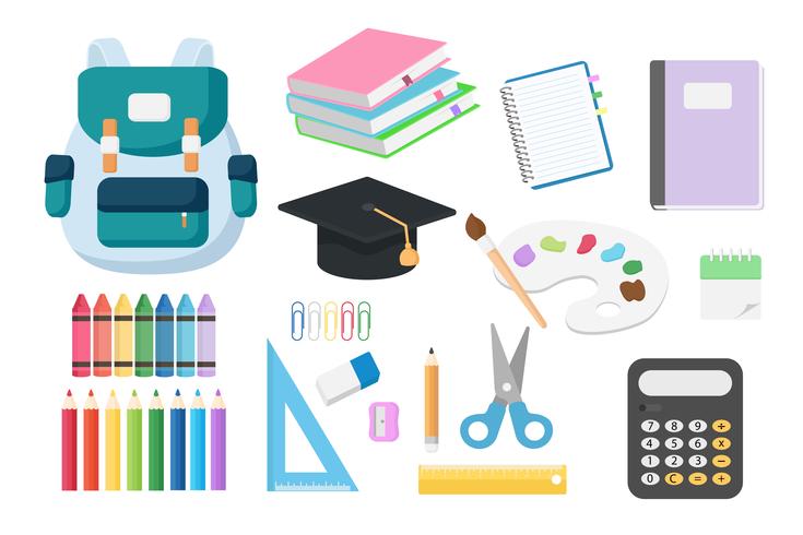 Basic RGBSet of back to school objects isolated on white background which include of book, note book, pencil crayon ,bag ,calculator, scissor and ruler. Vector illustration concept for new semester students.