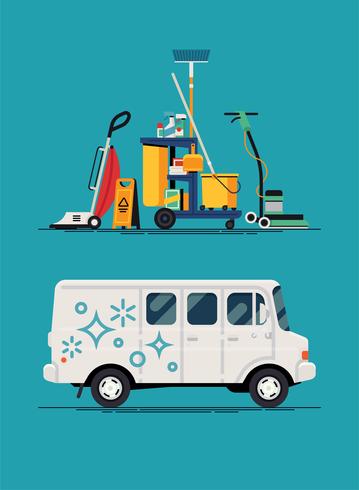 Cleaning company vehicle and equipment vector