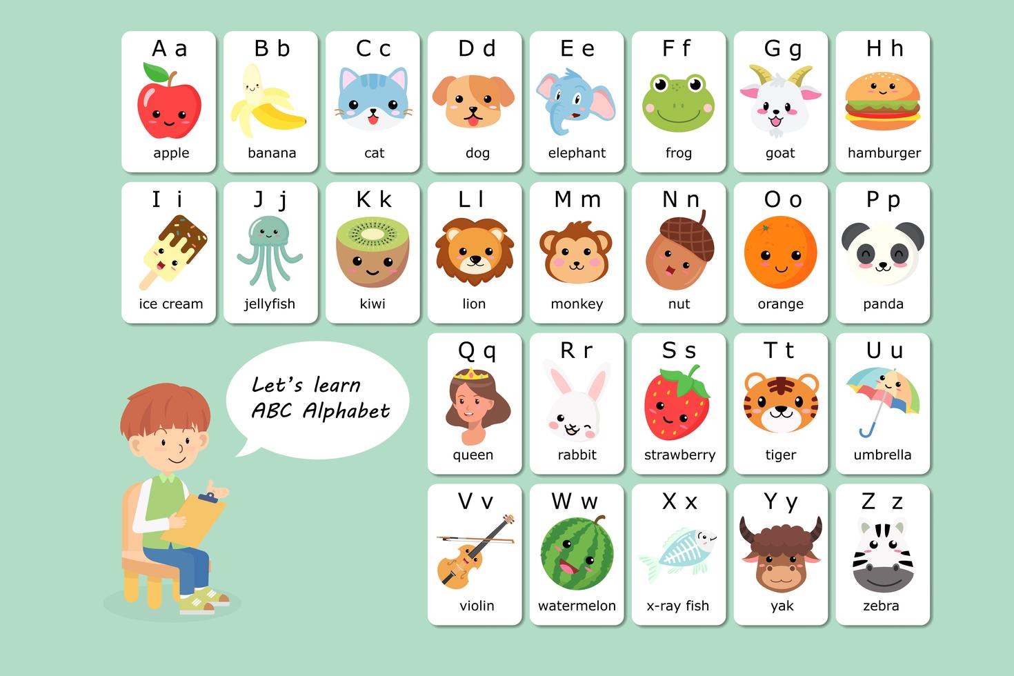 Kawaii Inglés vocabulario y alfabeto vector de tarjeta flash para niños