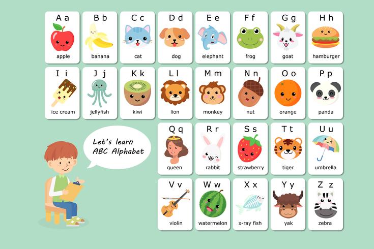 Kawaii Inglés vocabulario y alfabeto vector de tarjeta flash para niños para ayudar a aprender y educar en niños de jardín de infantes.