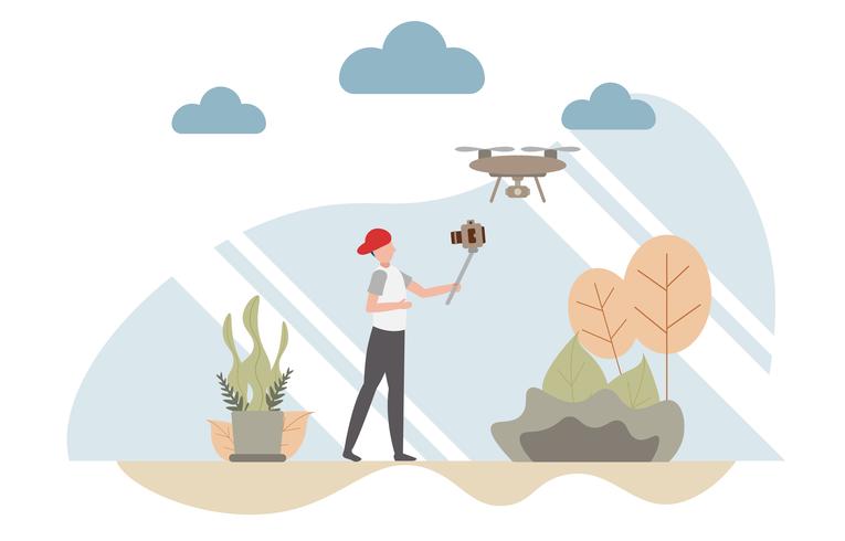 Vlog concept with character, A man holding camera selfie video blog with a drone copter.Creative flat design for web banner
 vector