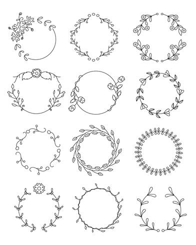 Hand drawn floral round frames set vector