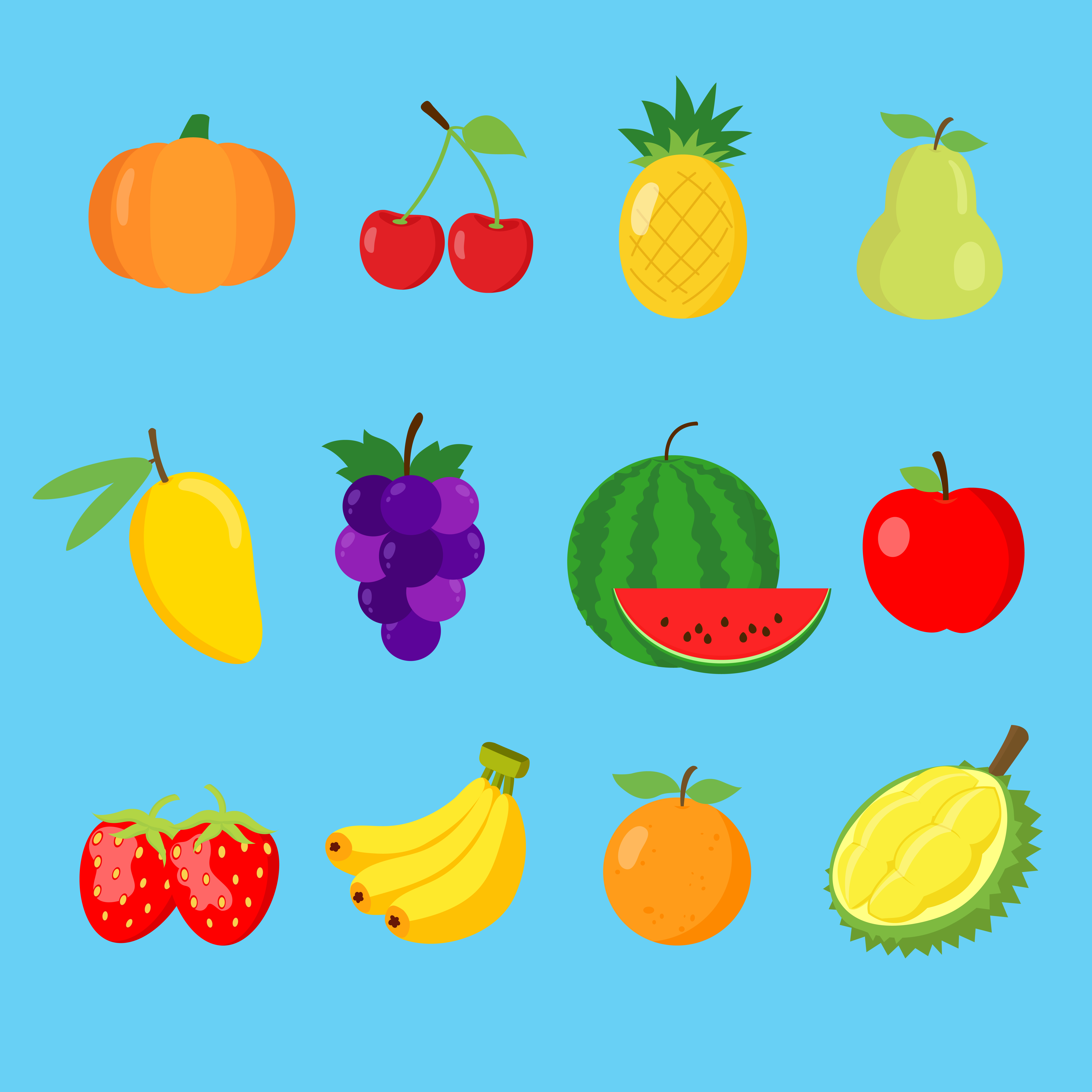 Set of cute 12 color flat fruits icon collection isolated on white background for children ...