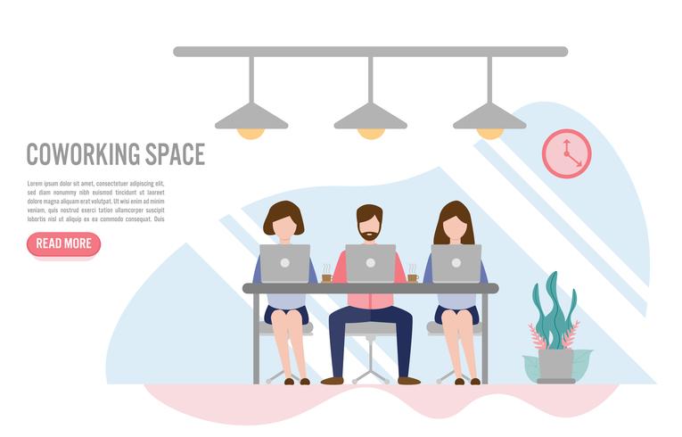 Creative people sitting at the table, Coworking space concept with character.Creative flat design for web banner
 vector