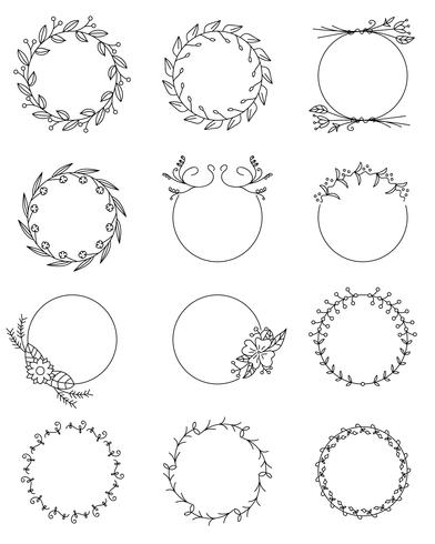 Hand drawn floral round frames set vector