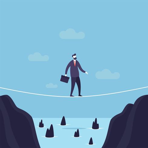 Businessman walking across gap on a tightrope bring office\'s bag above the cliff.