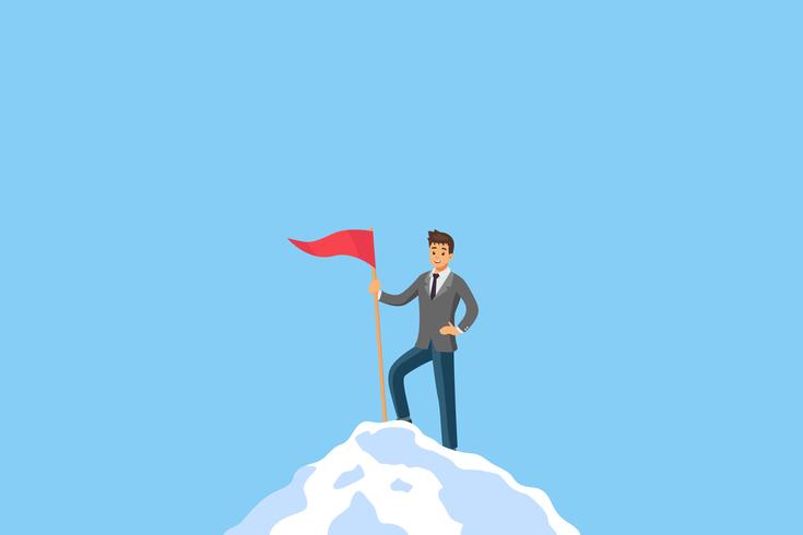 Basic RGBSuccess businessman leadership standing on the top of mountain. Concept for successful, achievement and winner manager in business competition. Flat design character vector with copy space.