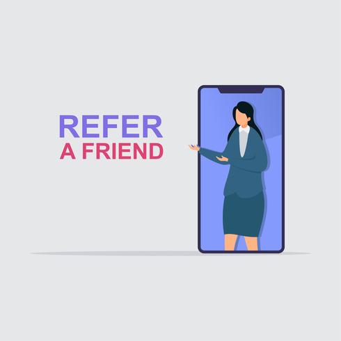 Businesswoman share info about refer a friend to earn cash. vector