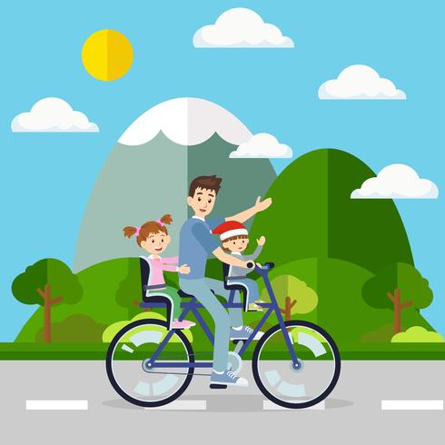 Padre pedalea la bicicleta con su bebé de viaje en medio natural. Vector para la unión familiar y estilo de vida feliz del concepto de la gente.