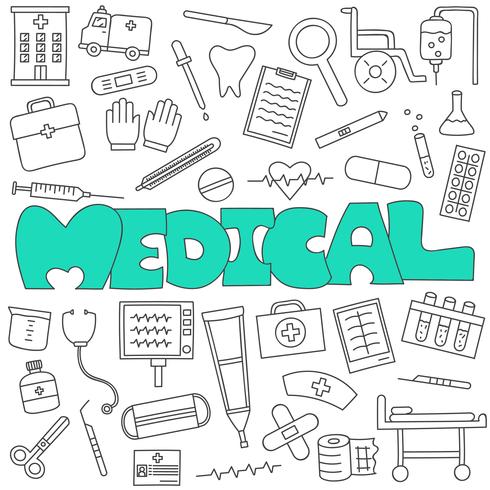 Hand drawn doodle of medical and healthcare set vector