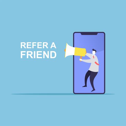 Empresario compartir información sobre referir a un amigo. vector