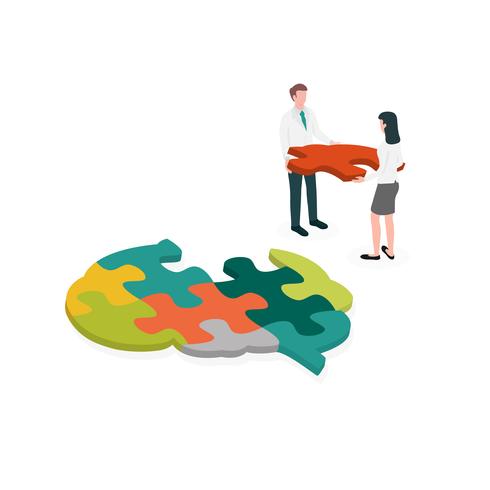 Occupational therapist or medical professional assembling a brain jigsaw puzzle. Concept picture for cognitive rehabilitation in Alzheimer disease and dementia patient. vector