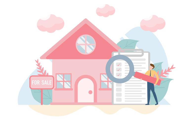 Buying house concept with character.Creative flat design for web banner
 vector