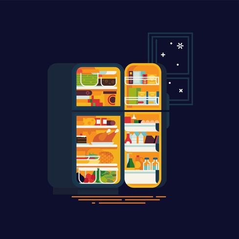 Open lit up fridge full of food vector