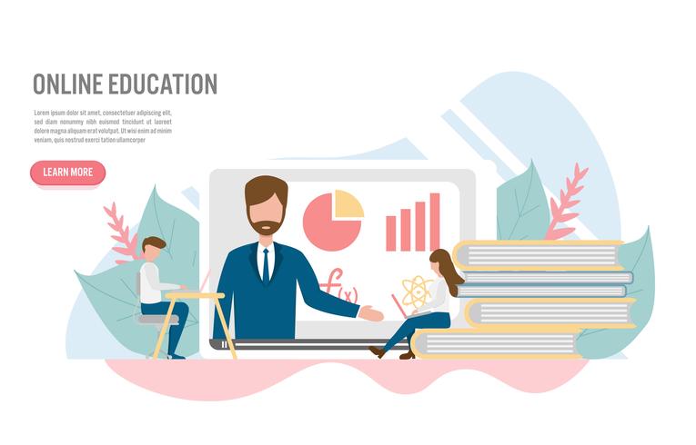 Educación en línea y concepto de e-learning con carácter. Diseño plano creativo para banner web vector