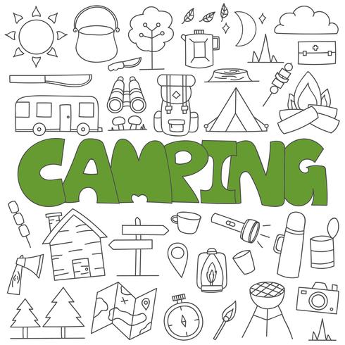 Dibujado a mano doodle conjunto de camping vector