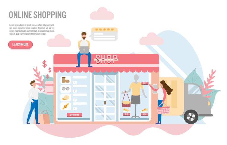 Compras en línea con carácter. Diseño plano creativo para banner web. vector