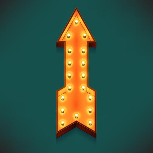 Vector realistic 3d volumetric icon on marquee symbol pointing straight up arrow lit up with electric bulbs