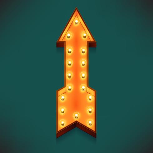 Vector realistic 3d volumetric icon on marquee symbol pointing straight up arrow lit up with electric bulbs