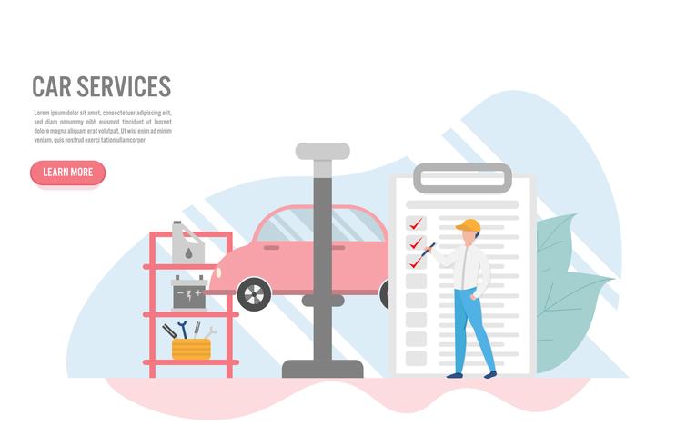 Car service concept with character.Creative flat design for web banner
 vector