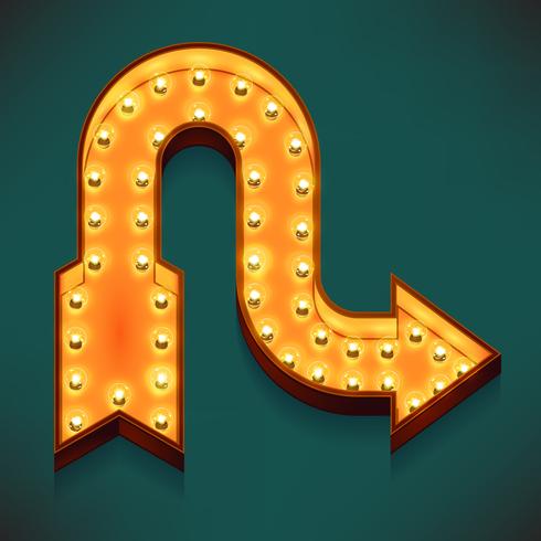 Vector realistic 3d volumetric icon on marquee sign winding arrow looking right lit up with electric bulbs