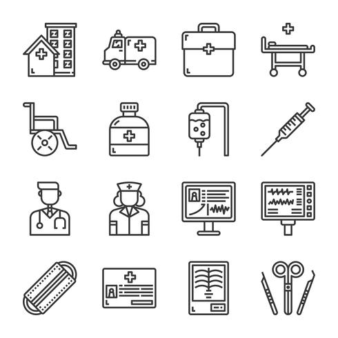 Conjunto de iconos de hospital. Ilustración de vector