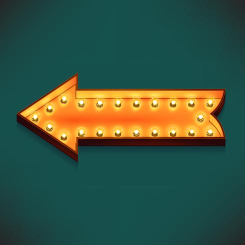 Vector realistic 3d volumetric icon on marquee symbol arrow pointing left lit up with electric bulbs